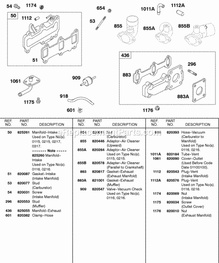 Intake Manifold Exhaust Manifold AC Adapters Diagram and Parts List for 433447-0215-E2  Briggs and Stratton Engine